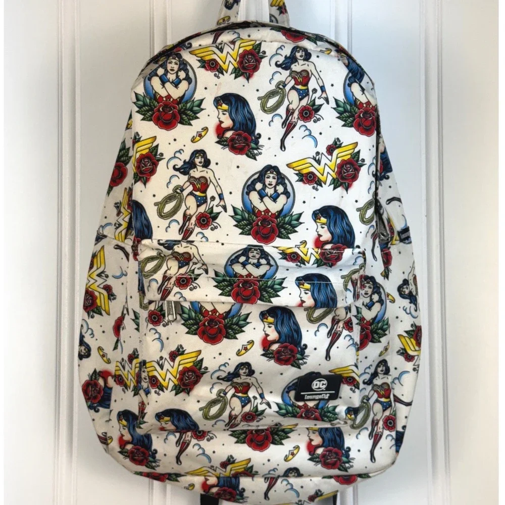 Loungefly Backpack Womens One Size White Wonder Woman Tattoo Print Canvas DC Bag